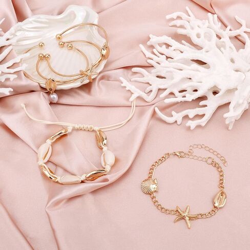 Mikovivi 5pcs Summer Beach Bracelet Set for Women, Summer Beach Seashell Starfish Pearl Seaside Jewelry for Holiday Vacation Gift in Kuwait