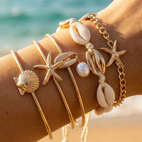 Mikovivi 5pcs Summer Beach Bracelet Set for Women, Summer Beach Seashell Starfish Pearl Seaside Jewelry for Holiday Vacation Gift in Kuwait