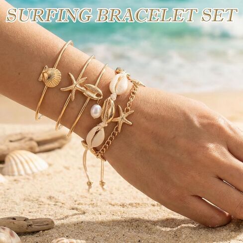 Mikovivi 5pcs Summer Beach Bracelet Set for Women, Summer Beach Seashell Starfish Pearl Seaside Jewelry for Holiday Vacation Gift in Kuwait
