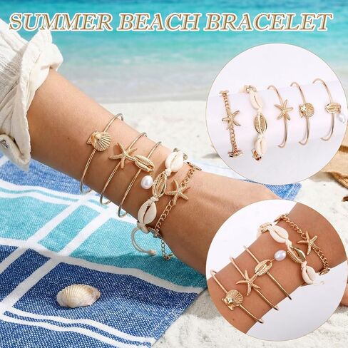 Mikovivi 5pcs Summer Beach Bracelet Set for Women, Summer Beach Seashell Starfish Pearl Seaside Jewelry for Holiday Vacation Gift in Kuwait
