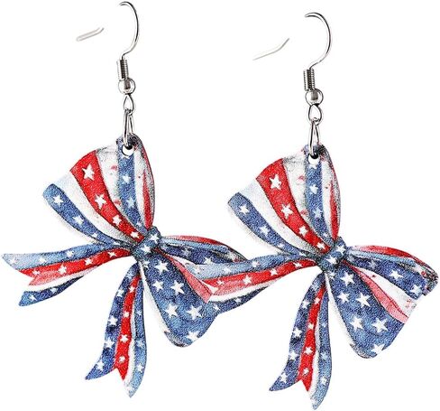 4th of July Earrings for Women Cute Handmade Bow Cowboy Boots American Flag Patriotic Wood Dangle Drop Earrings Red Blue White USA Earring for Women Independence Day Jewelry Gift in Saudi Arabia