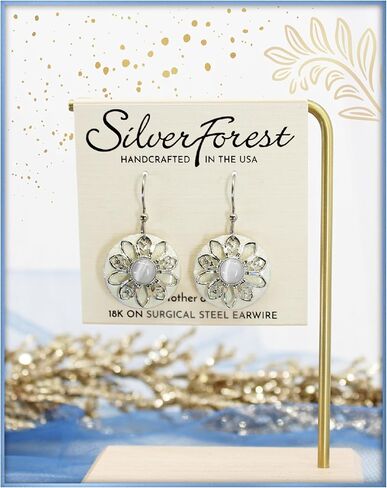 Silver Forest- Silver Flower on Sparkling White Round Pierced Earrings NE-1690B in Kuwait