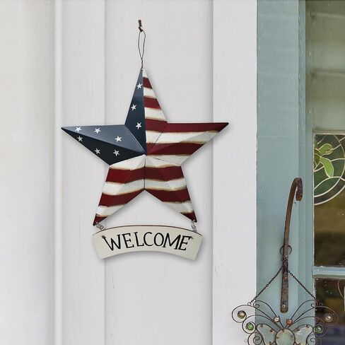 Linfevisi Metal American Flag Barn Star Wall Decor Patriotic Hanging USA Red White Blue Star Stripes Welcome Wall Art Outdoor 4th of July Decorations for Door Window Outside Country Farmhouse 12 Inch in Saudi Arabia