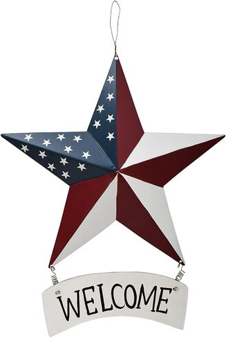 Linfevisi Metal American Flag Barn Star Wall Decor Patriotic Hanging USA Red White Blue Star Stripes Welcome Wall Art Outdoor 4th of July Decorations for Door Window Outside Country Farmhouse 12 Inch in Saudi Arabia