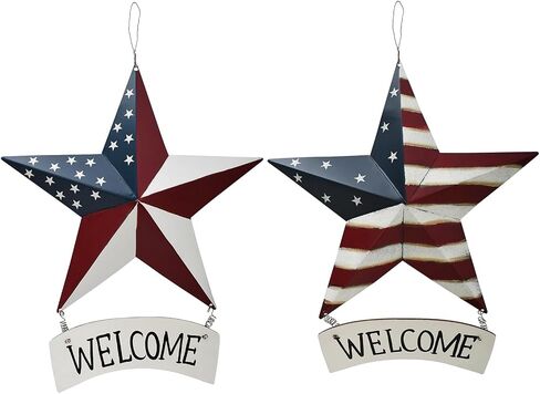 Linfevisi Metal American Flag Barn Star Wall Decor Patriotic Hanging USA Red White Blue Star Stripes Welcome Wall Art Outdoor 4th of July Decorations for Door Window Outside Country Farmhouse 12 Inch in Saudi Arabia