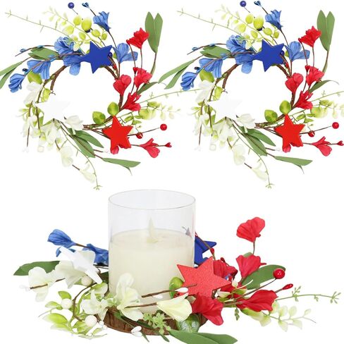2 Pieces 4th of July Candle Rings Wreaths,Red White Blue Patriotic Star Flower Candle Rings Wreaths,Independence Day Artificial Flower Candle Holder,4th of July Table Decorations Home Decors Supplies in Saudi Arabia