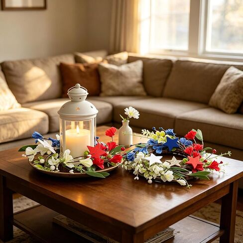 2 Pieces 4th of July Candle Rings Wreaths,Red White Blue Patriotic Star Flower Candle Rings Wreaths,Independence Day Artificial Flower Candle Holder,4th of July Table Decorations Home Decors Supplies in Saudi Arabia