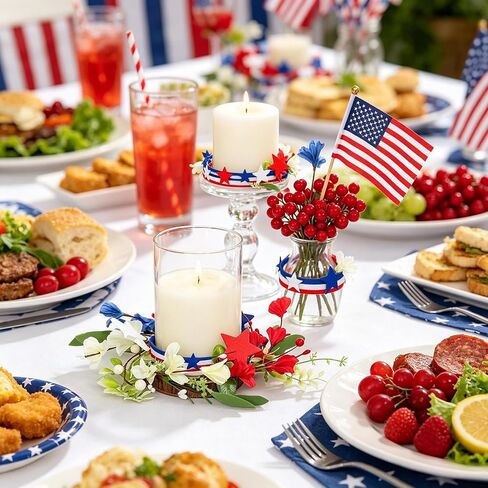2 Pieces 4th of July Candle Rings Wreaths,Red White Blue Patriotic Star Flower Candle Rings Wreaths,Independence Day Artificial Flower Candle Holder,4th of July Table Decorations Home Decors Supplies in Saudi Arabia