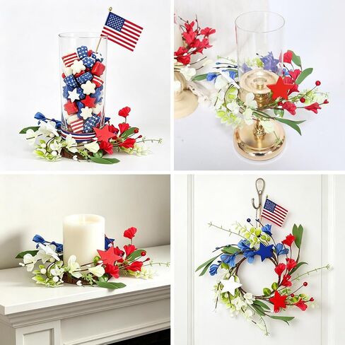 2 Pieces 4th of July Candle Rings Wreaths,Red White Blue Patriotic Star Flower Candle Rings Wreaths,Independence Day Artificial Flower Candle Holder,4th of July Table Decorations Home Decors Supplies in Saudi Arabia