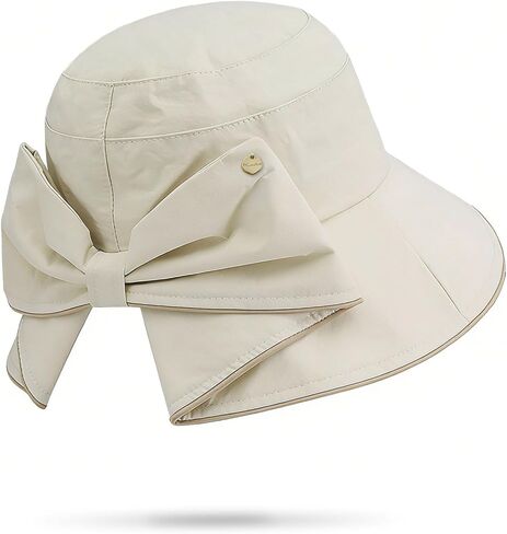 Women's Foldable Wide Brim Bucket Hat -Sun Hat Solid Color, Piping Detail, Bow - Accented Ponytail Opening for Trendy in Kuwait