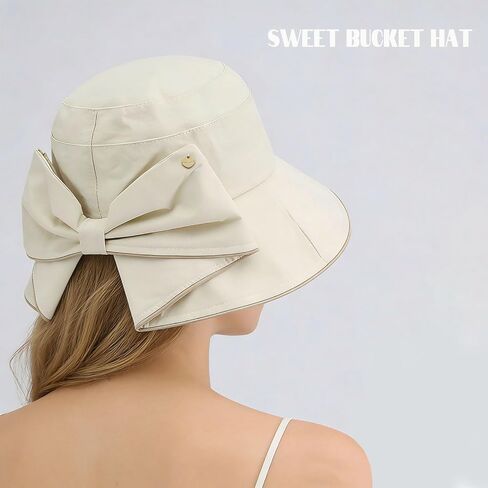 Women's Foldable Wide Brim Bucket Hat -Sun Hat Solid Color, Piping Detail, Bow - Accented Ponytail Opening for Trendy in Kuwait