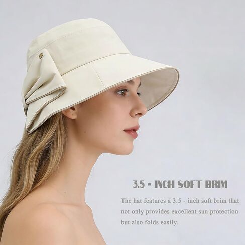Women's Foldable Wide Brim Bucket Hat -Sun Hat Solid Color, Piping Detail, Bow - Accented Ponytail Opening for Trendy in Kuwait
