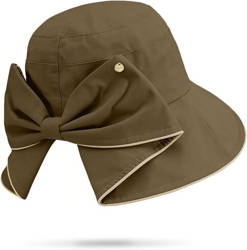 Women's Foldable Wide Brim Bucket Hat -Sun Hat Solid Color, Piping Detail, Bow - Accented Ponytail Opening for Trendy in Kuwait