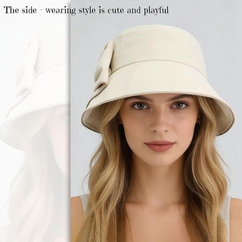 Women's Foldable Wide Brim Bucket Hat -Sun Hat Solid Color, Piping Detail, Bow - Accented Ponytail Opening for Trendy in Kuwait