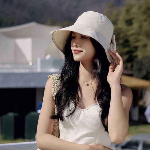 Women's Foldable Wide Brim Bucket Hat -Sun Hat Solid Color, Piping Detail, Bow - Accented Ponytail Opening for Trendy in Kuwait