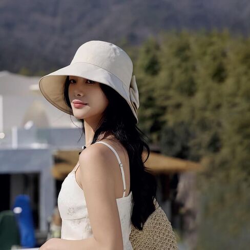 Women's Foldable Wide Brim Bucket Hat -Sun Hat Solid Color, Piping Detail, Bow - Accented Ponytail Opening for Trendy in Kuwait