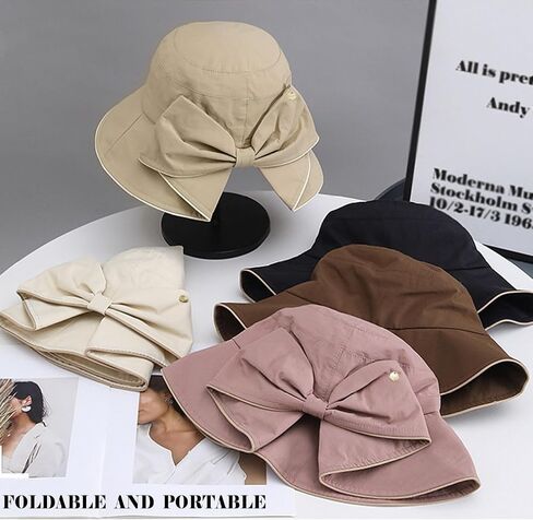 Women's Foldable Wide Brim Bucket Hat -Sun Hat Solid Color, Piping Detail, Bow - Accented Ponytail Opening for Trendy in Kuwait