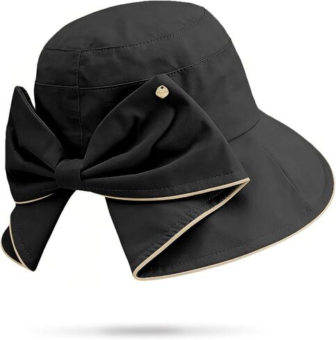 Women's Foldable Wide Brim Bucket Hat -Sun Hat Solid Color, Piping Detail, Bow - Accented Ponytail Opening for Trendy in Kuwait