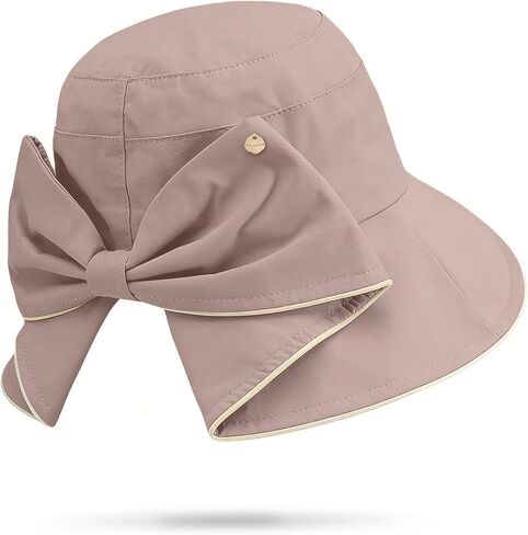Women's Foldable Wide Brim Bucket Hat -Sun Hat Solid Color, Piping Detail, Bow - Accented Ponytail Opening for Trendy in Kuwait