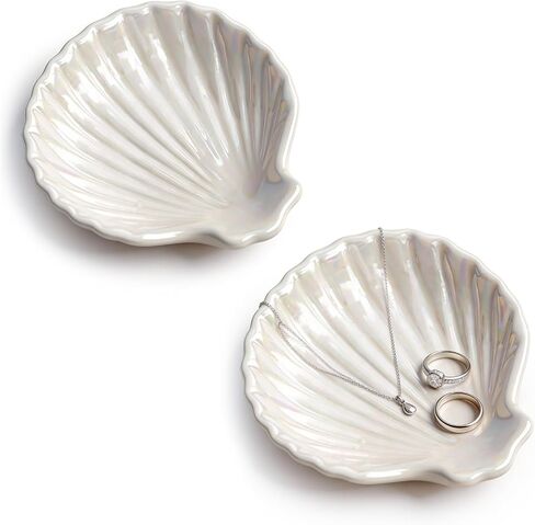 2 Pack Ceramic Shell Jewelry Tray, Iridescent White Jewelry Plate Dish, Decorative Shell Jewelry Dish for Rings, Earrings, Necklaces, Bathroom & Vanity Decor in Kuwait