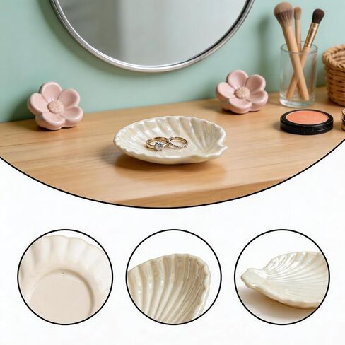 2 Pack Ceramic Shell Jewelry Tray, Iridescent White Jewelry Plate Dish, Decorative Shell Jewelry Dish for Rings, Earrings, Necklaces, Bathroom & Vanity Decor in Kuwait
