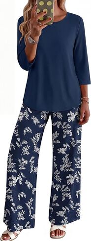 WIHOLL Two Piece Sets for Women Lounge 3/4 Length Sleeve Womens Tops Graphic Pants with Pockets Summer Outfits 2026 in Kuwait