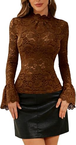 Womens Spring Fall Fashion Casual Mock Neck Long Sleeve Sheer Lace Shirt, Sexy Work Blouse Tops in Saudi Arabia