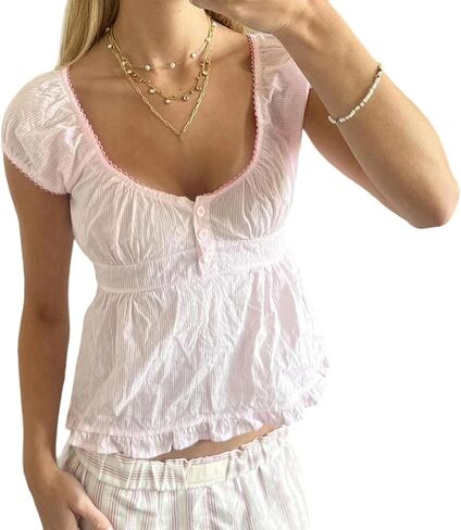 Women Y2k Scoop Neck Crop Top Short Sleeve Lace Trim Button Up Blouse Vintage Casual Ruffle Hem Slim Fit Shirt in Saudi Arabia