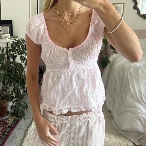 Women Y2k Scoop Neck Crop Top Short Sleeve Lace Trim Button Up Blouse Vintage Casual Ruffle Hem Slim Fit Shirt in Saudi Arabia