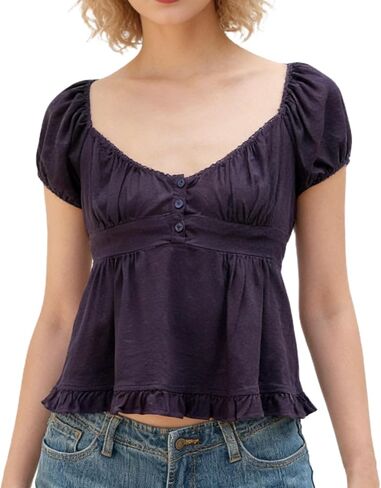 Women Y2k Scoop Neck Crop Top Short Sleeve Lace Trim Button Up Blouse Vintage Casual Ruffle Hem Slim Fit Shirt in Saudi Arabia