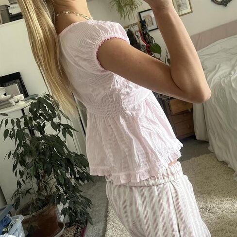 Women Y2k Scoop Neck Crop Top Short Sleeve Lace Trim Button Up Blouse Vintage Casual Ruffle Hem Slim Fit Shirt in Saudi Arabia