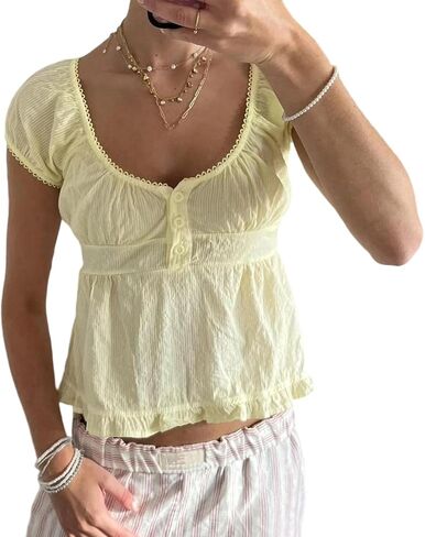 Women Y2k Scoop Neck Crop Top Short Sleeve Lace Trim Button Up Blouse Vintage Casual Ruffle Hem Slim Fit Shirt in Saudi Arabia