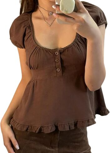 Women Y2k Scoop Neck Crop Top Short Sleeve Lace Trim Button Up Blouse Vintage Casual Ruffle Hem Slim Fit Shirt in Saudi Arabia