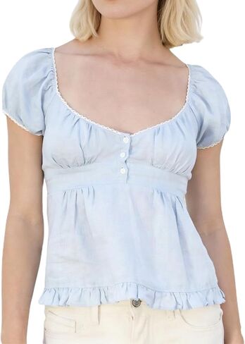 Women Y2k Scoop Neck Crop Top Short Sleeve Lace Trim Button Up Blouse Vintage Casual Ruffle Hem Slim Fit Shirt in Saudi Arabia