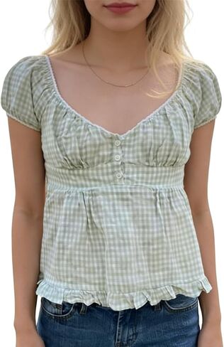 Women Y2k Scoop Neck Crop Top Short Sleeve Lace Trim Button Up Blouse Vintage Casual Ruffle Hem Slim Fit Shirt in Saudi Arabia