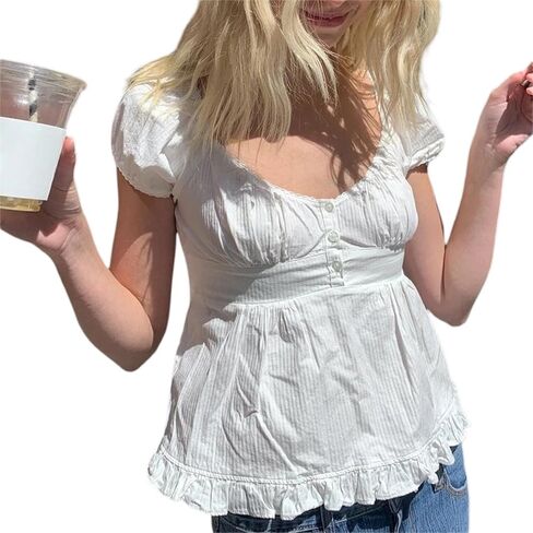 Women Y2k Scoop Neck Crop Top Short Sleeve Lace Trim Button Up Blouse Vintage Casual Ruffle Hem Slim Fit Shirt in Saudi Arabia