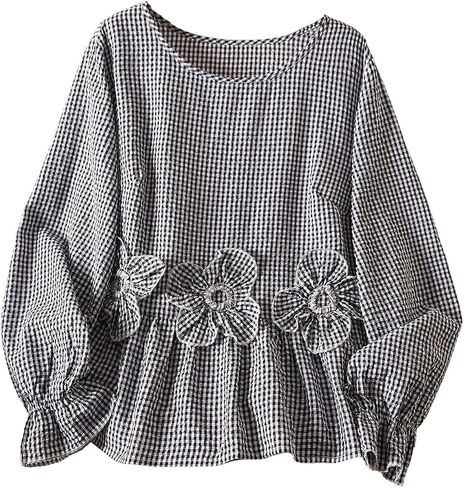 SOLY HUX Women's Plus Size Plaid Babydoll Peplum Blouse Shirts Long Sleeve 3D Floral Cute Going Out Tops in Kuwait