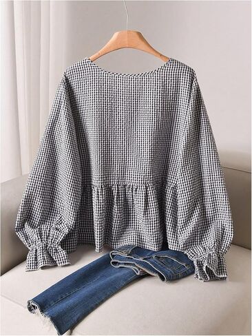 SOLY HUX Women's Plus Size Plaid Babydoll Peplum Blouse Shirts Long Sleeve 3D Floral Cute Going Out Tops in Kuwait