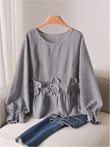 SOLY HUX Women's Plus Size Plaid Babydoll Peplum Blouse Shirts Long Sleeve 3D Floral Cute Going Out Tops in Kuwait