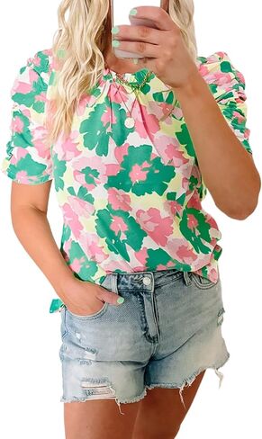Elegant Women's Green Abstract Print Frilly Neck Ruched Short Sleeve Blouse in Saudi Arabia