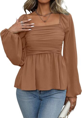 Women's Babydoll Peplum Square Neck Blouses Flowy Ruffle Cute Ruched Top for Curvy Women in Saudi Arabia
