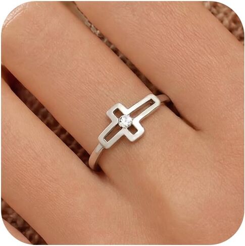 Cross CZ Crystal Ring for Women 925 Sterling Silver Hollow-out Cross Ring Purity Christian Jesus Promise Rings Religious Faith Birthday Wedding Graduation Baptism Jewelry Gifts for Mother Daughter in Saudi Arabia