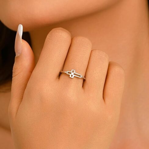 Cross CZ Crystal Ring for Women 925 Sterling Silver Hollow-out Cross Ring Purity Christian Jesus Promise Rings Religious Faith Birthday Wedding Graduation Baptism Jewelry Gifts for Mother Daughter in Saudi Arabia