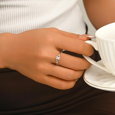 Cross CZ Crystal Ring for Women 925 Sterling Silver Hollow-out Cross Ring Purity Christian Jesus Promise Rings Religious Faith Birthday Wedding Graduation Baptism Jewelry Gifts for Mother Daughter in Saudi Arabia