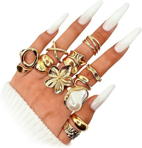 18K Gold Plated Stackable Rings Set for Women, 12Pcs Dainty Flower Pearl Finger Rings Pack, Chunky Minimalist Band Rings — Mixed Sizes, Trendy Statement Jewelry Gift in Saudi Arabia