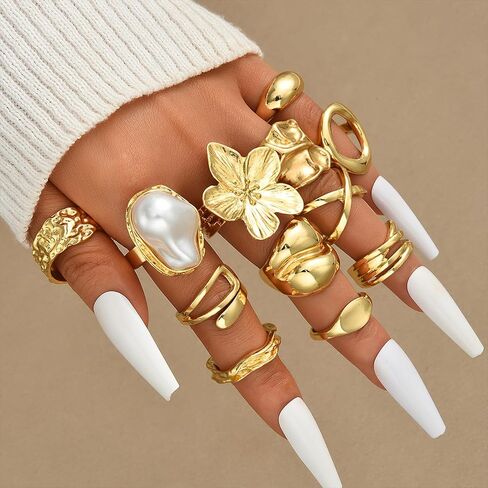 18K Gold Plated Stackable Rings Set for Women, 12Pcs Dainty Flower Pearl Finger Rings Pack, Chunky Minimalist Band Rings — Mixed Sizes, Trendy Statement Jewelry Gift in Saudi Arabia