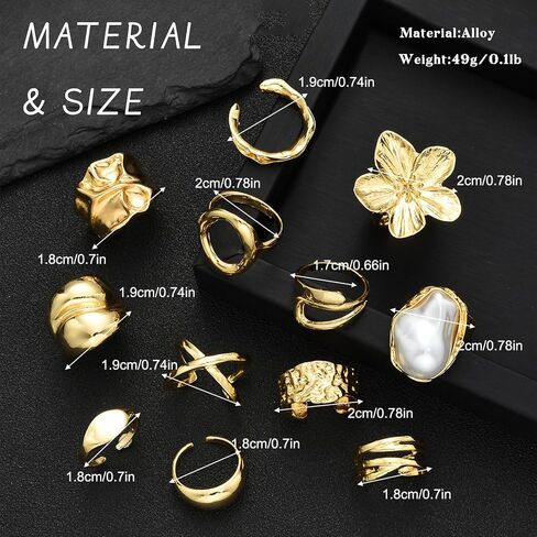18K Gold Plated Stackable Rings Set for Women, 12Pcs Dainty Flower Pearl Finger Rings Pack, Chunky Minimalist Band Rings — Mixed Sizes, Trendy Statement Jewelry Gift in Saudi Arabia