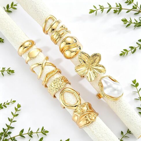 18K Gold Plated Stackable Rings Set for Women, 12Pcs Dainty Flower Pearl Finger Rings Pack, Chunky Minimalist Band Rings — Mixed Sizes, Trendy Statement Jewelry Gift in Saudi Arabia