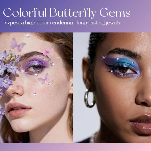 Iridescent Butterfly Face Eye Stickers, Self-Adhesive Face Jewels, Gem Stickers for Makeup, Assorted Sizes Rhinestones Stickers, Gems for Face - Body - Hair - Eye - Ear-Nail (Clear&Butterfly) in Kuwait