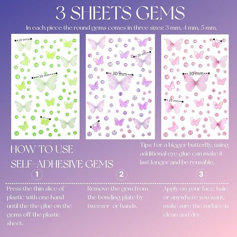 Iridescent Butterfly Face Eye Stickers, Self-Adhesive Face Jewels, Gem Stickers for Makeup, Assorted Sizes Rhinestones Stickers, Gems for Face - Body - Hair - Eye - Ear-Nail (Clear&Butterfly) in Kuwait